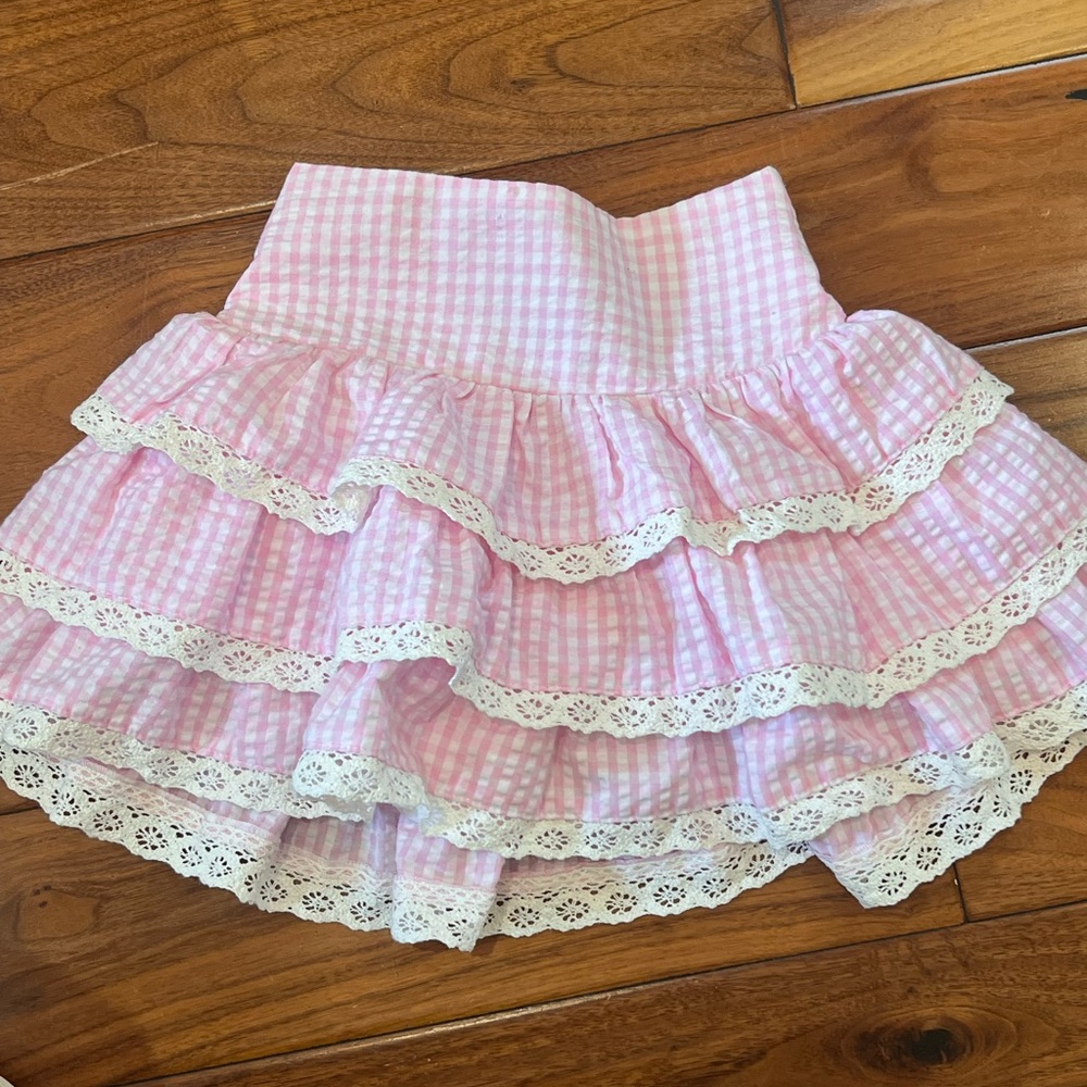 Katie J NYC pink & white Gingham Ruffle Lace Skirt -Girls Tiered Mini Skirt